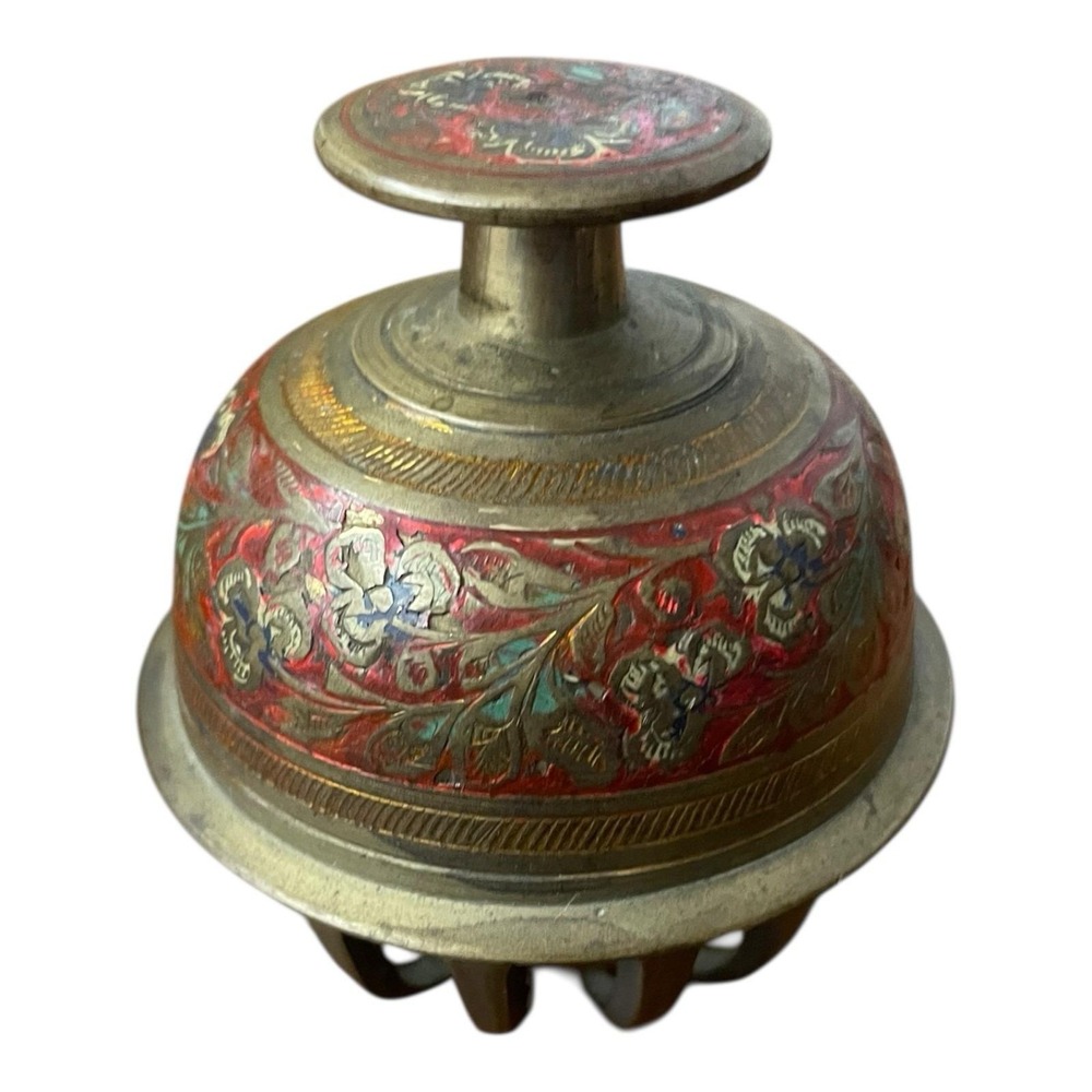 Indian Brass Champleve Enamel Elephant‎ Claw Desk Bell Rajasthan Meenakari